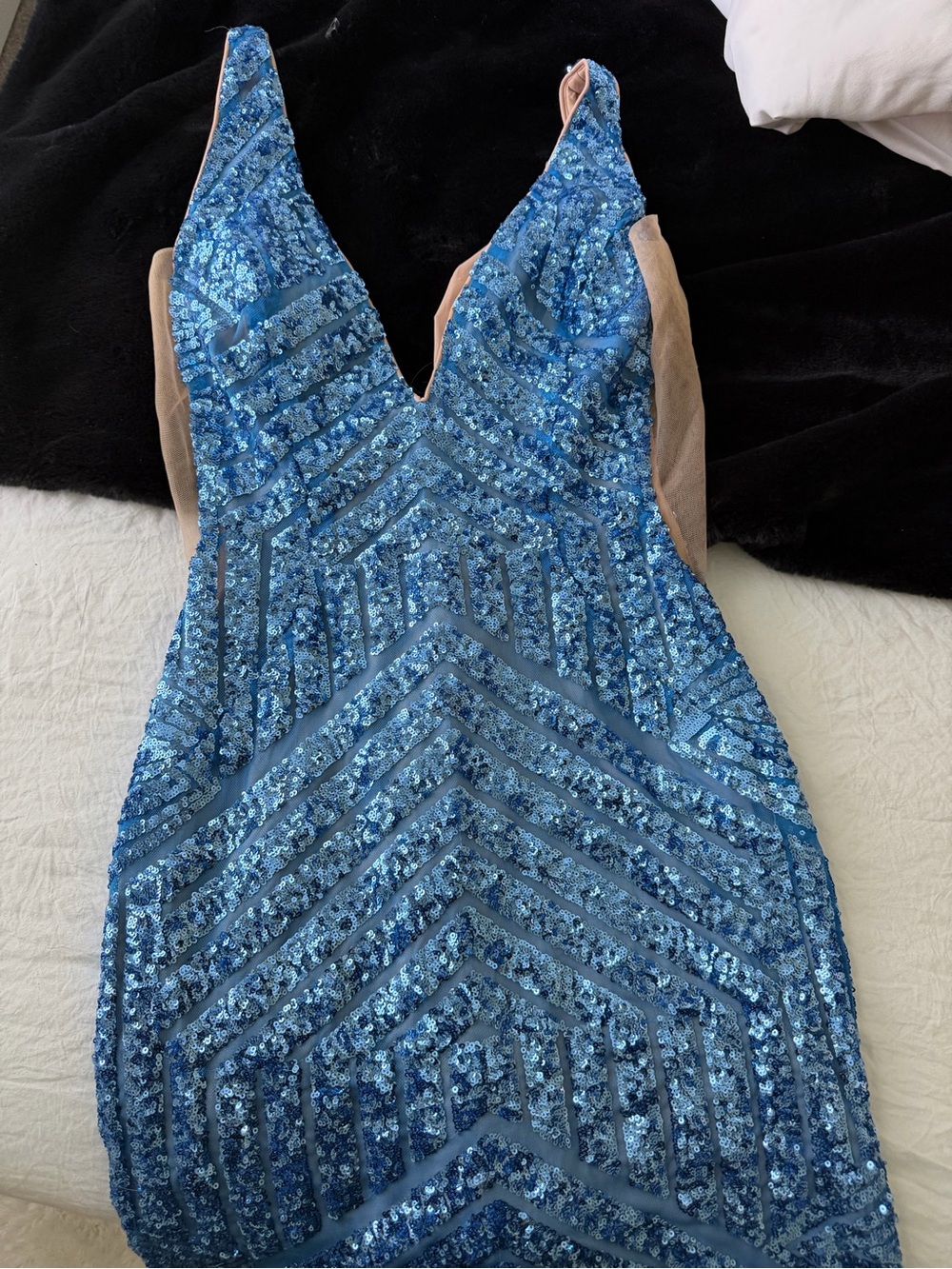 Jovani Nude and Blue Sequin Evening Dress
